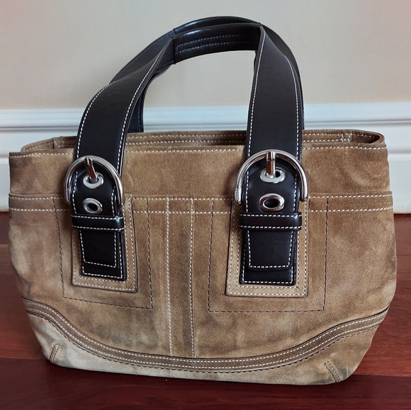 Women's CoachBrown/ Tan Suede Bucket Satchel Purse - Picture 2 of 4
